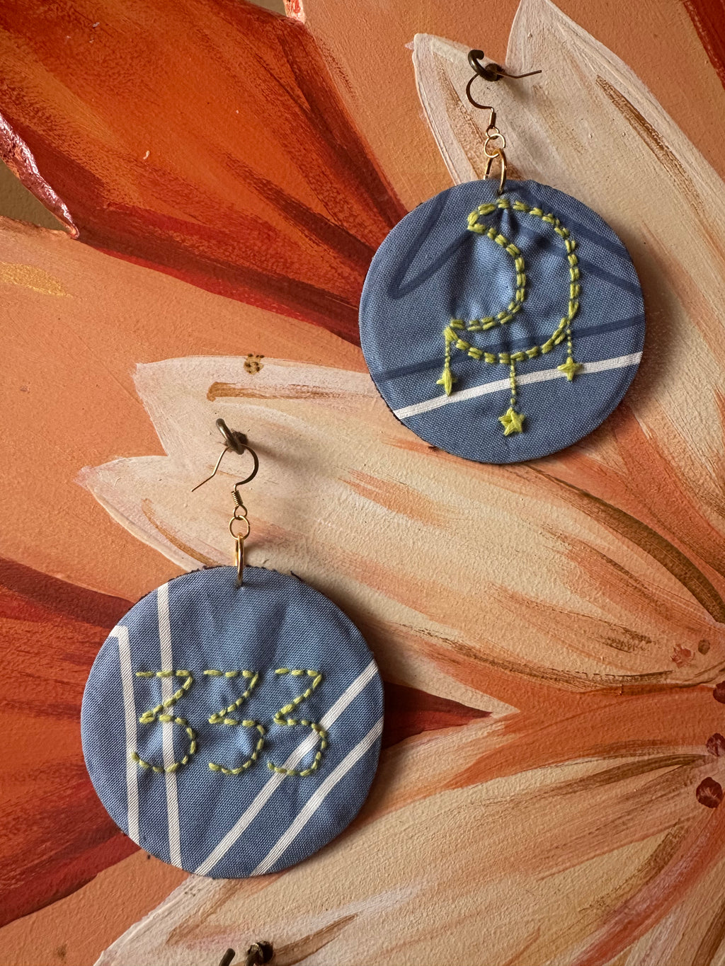 333 moon Hand Stitched Up-cycled Earrings