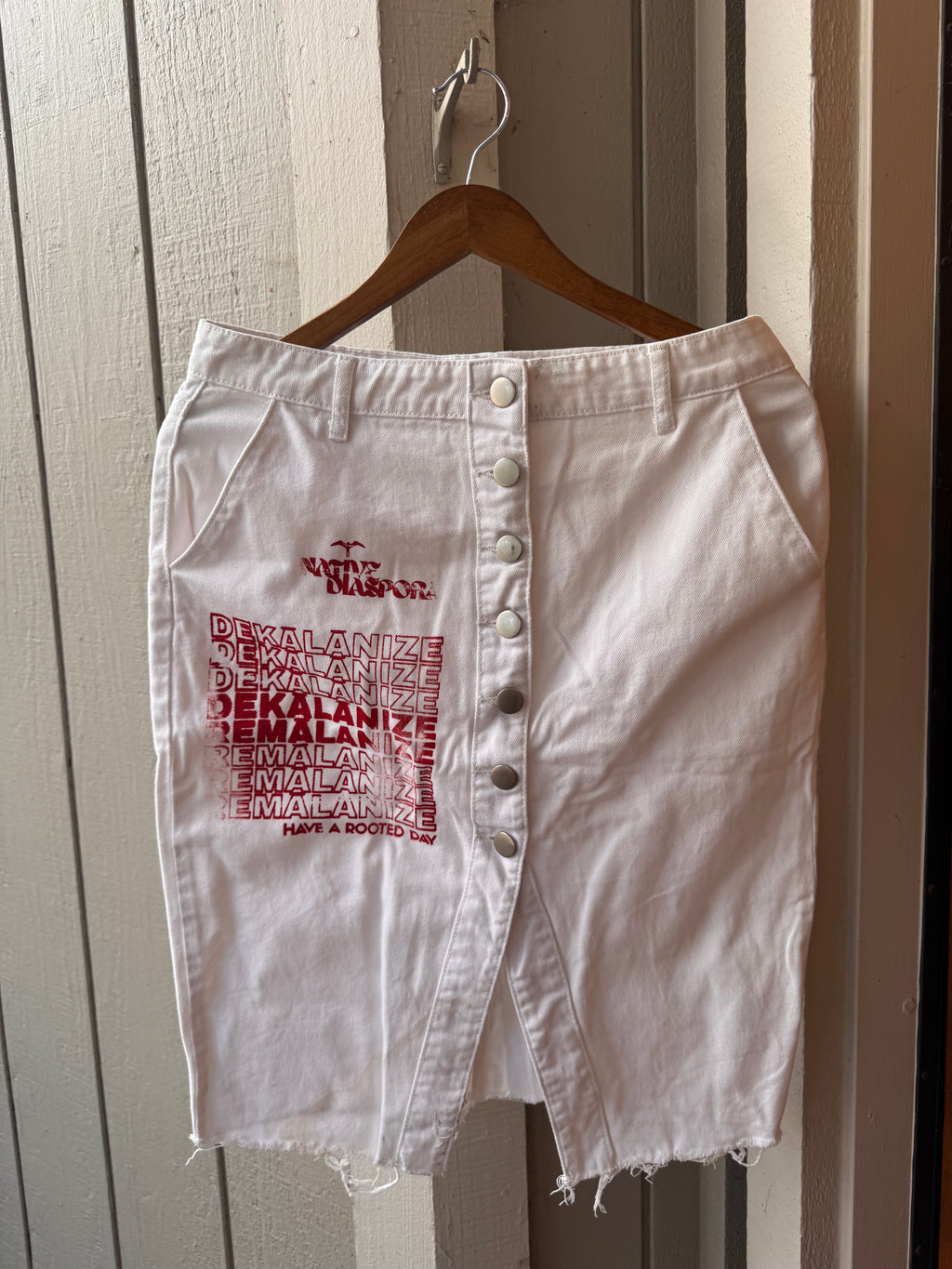 Up-cycled Button up white jean skirt