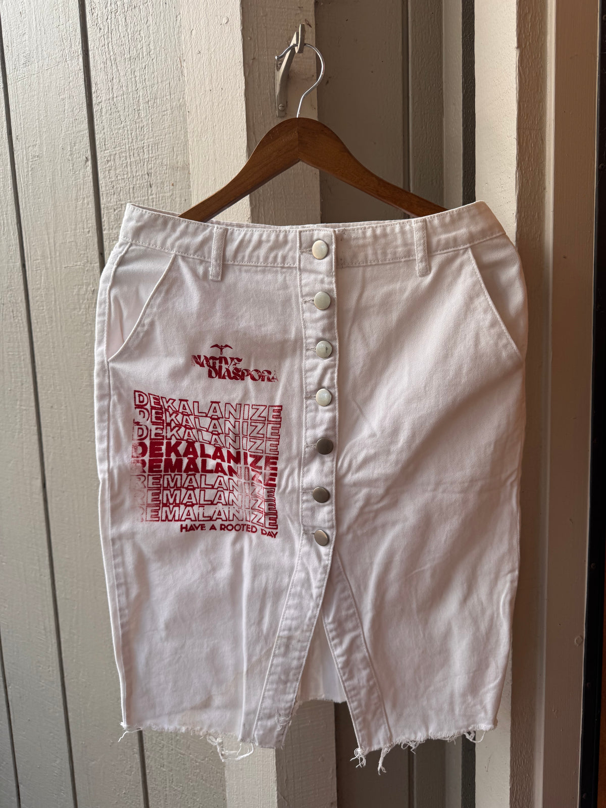 Up-cycled Button up white jean skirt